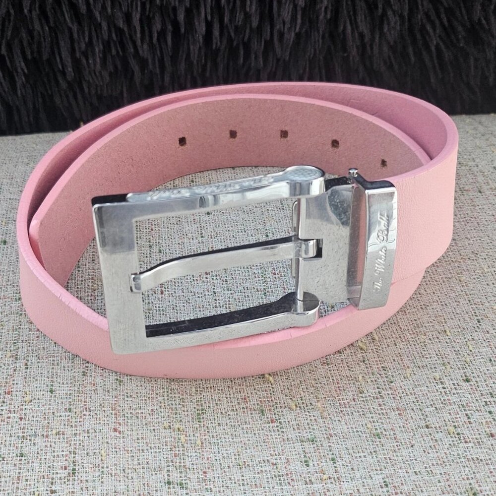Golf Tread Belt Pink Genuine Italian Leather Silver Tone Pin Buckle Waistband S
